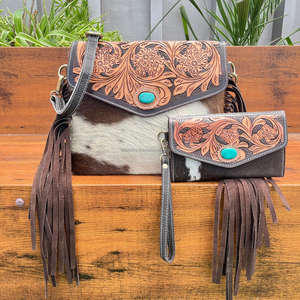 Vente chaude de haute qualité Durable usiné à la main en cuir de vachette véritable sac à main et pochette ensemble en gros 2 pièces Combo pour les femmes - Product Image 5