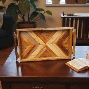 Large Rectangular Wooden Serving <b>Tray</b> – Solid Wood Geometric Pattern <b>Tray</b> for Food, Coffee & <b>Breakfast</b> Serving - Product Image 3