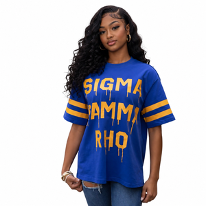Sigma Gamma Rho Boxy Drip Tee <b>Women</b> Blue Gold Oversized <b>T</b> <b>Shirt</b> Greek Sorority Graphic Casual Streetwear Style - Product Image 3