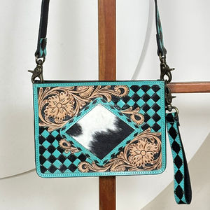 Western Hand Tooled Genuine Leather Mini Bag With Floral Carving Checkered Cowhide Leather Women Crossbody Sling Wristlet Purse - Product Image 4