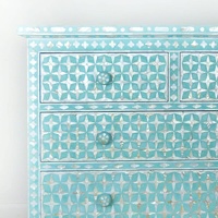 Commode de rangement en panneau de particules avec incrustation florale en nacre turquoise, style moderne, meuble de maison fait main