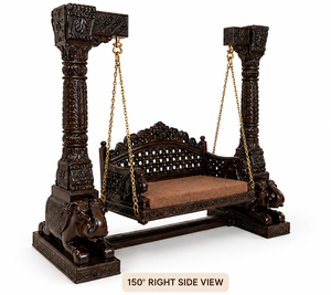 Columpio Jhula de Madera Tradicional Moderno Hecho a Medida con Pilares de Madera de Teca Tallada, Base de Elefante y Diseño de Respaldo Jali para Uso en Interiores - Product Image 4