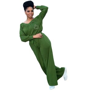 Combinaison en molleton vert à épaules dénudées pour femme, tenue décontractée une pièce à manches longues et jambes larges, collection de vêtements tendance - Product Image 1