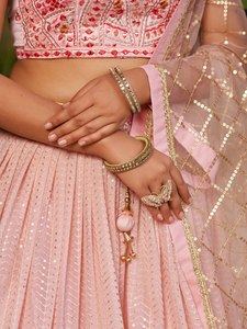 Pink Beaded Lehenga <b>Set</b> Embroidered Blouseh Dupatta Women's Outfit Wedding Festival Wear - Product Image 4