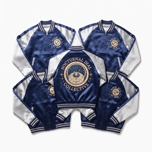Wholesale B2B Supplier Maroon Cream Satin Varsity Jacket Snap Button Custom Embroidered <b>Leather</b> <b>Tooling</b> Collective Baseball Coat - Product Image 4