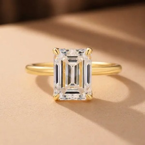 Moissanite Solitaire 3.5Ct <b>Emerald</b> Cut Diamond Engagement <b>Ring</b> in 18kt Gold Plated 925 Sterling <b>Silver</b> for Women's from India. - Product Image 4