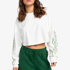 Custom Best Seller Women White Crop Top O-Neck Long Sleeve Embroidery <b>Flame</b> Design Loose Fit Casual Solid Color 100% Cotton - Product Image 1