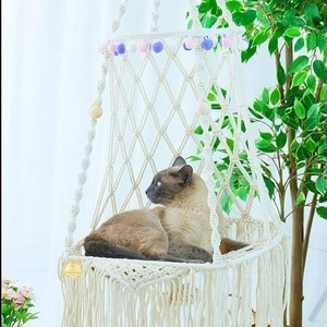 Modern Boho Style Macrame <b>Hammock</b> Handwoven Comfortable Indoor Cat & Rabbit Bed Cave Home Decor Wall Bed Sleeping Playing Kit - Product Image 4