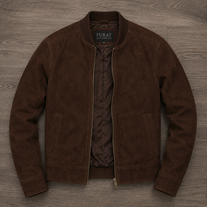 Chaqueta Bomber Vintage Impermeable de Gamuza Marrón para Hombre FURAT LEATHERS, Cuello Alto, Cierre de Cremallera, Forro de Poliéster, Informal, Invierno - Product Image 1