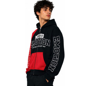 Sweat à capuche zippé pour homme Mixed Emotion, noir et rouge, manches raglan, streetwear, poche, polaire respirant, coupe régulière, automne - Product Image 4