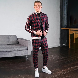 Factory Custom Men's Check Print Sublimated Bomber <b>Jacket</b> Tracksuit Zip Enclosure Ribbed Hem & Cuffs Stripe Zipper Sweat Suit - Product Image 2
