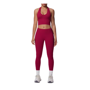 Nylon/Spandex Sweat-Wicking Breathable <b>Halter</b> Strap 2-Piece Solid Deep V Neck Women's Outdoor Yoga Workout Set High Waist - Product Image 4
