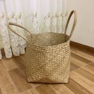 Cesta de almacenamiento de hierba marina tejida estilo bohemio, plegable, para macetas, lavandería y compras, con asa, al por mayor - Product Image 4