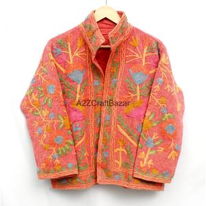 Hand Embroidered Floral TNT Cotton <b>Jacket</b> <b>Women's</b> Mandarin Collar <b>Womens</b> Coat Suzani Style <b>Spring</b> Wear - Product Image 1
