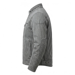Chaqueta de motociclista para hombre, estilo Café Racer, de mezclilla gris lavada, vintage, con parches acolchados en los codos, cuello alto y cremallera. - Product Image 4