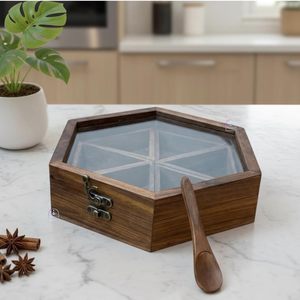 Boîte de rangement hexagonale en bois avec couvercle en verre et cuillère sculptée, style antique, cadeau artisanal - Product Image 4