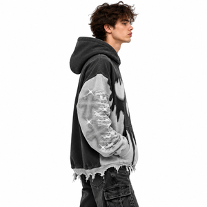 Custom <b>Black</b> Grey Distressed Oversized Acid Wash Winter Hoodie for <b>Men</b> 100% Cotton <b>Fleece</b> Vintage Pullover Sweatshirt Windproof - Product Image 4