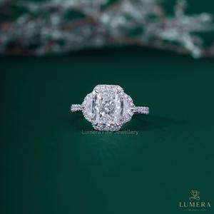 Luxury Radiant Cut Lab Grown Diamond Halo Engagement <b>Ring</b> 14K 18K White Gold Half <b>Moon</b> Three Stone Pave Anniversary Bridal <b>Ring</b> - Product Image 1