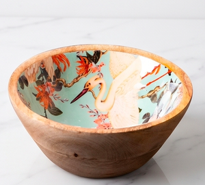 Bol de service moderne en bois avec imprimé floral cygne, intérieur en bois d'acacia, pour fruits et salades, usage domestique - Product Image 1