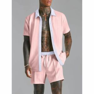 ชุดเซ็ตสองชิ้นสำหรับผู้ชาย เสื้อเชิ้ตแขนสั้นติดกระดุมคอปกตัดสี และกางเกงขาสั้นเอวยางยืด ชุดลำลองสำหรับฤดูร้อน - Product Image 4