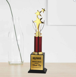Trophée métallique modèle 584 A B C, design étoile, récompense sportive en métal, gravure, finition plaquée durable, base en bois noir - Product Image 1