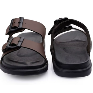 Sandalias de cuero marrón con hebilla para hombre, calzado informal clásico sin cordones con punta abierta, diseño de suela plana para viajes de verano, actividades al aire libre y uso diario. - Product Image 1