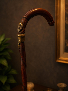 Canne de marche en bois artisanale, bâton décoratif vintage avec poignée courbée et détails métalliques, cadeau classique - Product Image 6