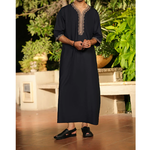 <b>Men's</b> Navy Blue <b>Thobe</b> Long Sleeve Stand Collar Modest Prayer Wear Cotton Floor Length All Seasons Middle East Style - Product Image 4