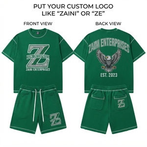 Men Premium 280 GSM Cotton Terry T Shirt And Short Set <b>Green</b> Contrast Stitch Custom Chenille Embroidery Logo Streetwear - Product Image 1