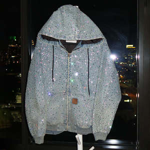 Custom Oversized Heavyweight Rhinestone Zip Up Hoodie Men Women Vintage Acid Wash Denim Look <b>Sparkly</b> Streetwear Hooded Jacket - Product Image 2