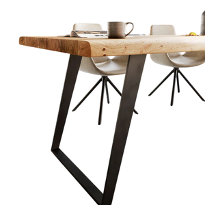 Table de salle à manger rectangulaire en bois massif d'acacia indien, bord brut, base métallique, écologique, sur mesure, pour la maison et la cuisine – Offre Spéciale - Product Image 5