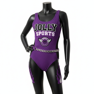 Ensemble de bain luxueux en polyester et élasthanne, tissu extensible doux, violet avec empiècements en mesh, logo personnalisé, pour femme. - Product Image 1