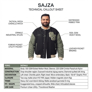 SAJZA Kinetic Forge Heavyweight Thermal Melton Wool <b>Varsity</b> <b>Bomber</b> <b>Jacket</b> <b>Men</b> Patchwork Front Crinkle Chenille Patch Nylon - Product Image 5