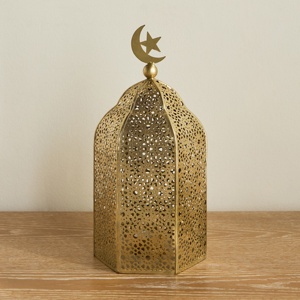 Exquisite <b>Gold</b> Metal Moroccan <b>Lantern</b> with Crescent Moon Top Intricate Cutwork Candle Holder for Ramadan Home Decor - Product Image 2