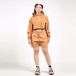 Custom Blank Cotton Polyester Blend Breathable Casual Hooded Sweatshirt and Shorts 2 Piece <b>Set</b> for Women - Product Image 1
