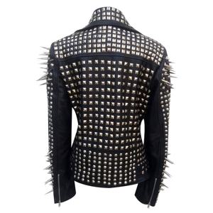 Abrigo de cuero genuino para mujer, talla grande, ajustado, transpirable, cortavientos, ignífugo, de secado rápido, con estampado de cuentas y detalles metálicos, estilo motero. - Product Image 3