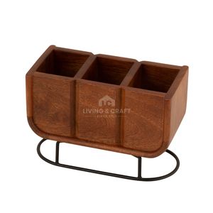 ที่ใส่ช้อนส้อมไม้กระถินณรงค์พรีเมียมพร้อมขาตั้งเหล็ก กล่องจัดระเบียบอุปกรณ์ครัวไม้ 3 ช่อง สำหรับห้องครัว ร้านอาหาร และขายส่ง - Product Image 3