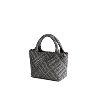 Tas Kulit Anyaman Tangan Mewah Wanita Warna Blok Mini Top Handle Tote Purse dengan Tali Lepas Pasang
