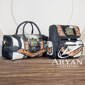 Western Real Hair on Cowhide <b>Leather</b> <b>Tooled</b> Floral 2 Piece Matching Luggage Set Travel Weekender Duffel & Backpack Combo Set - Product Image 1