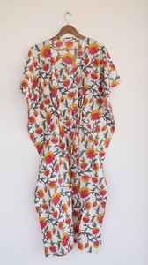 Hand Block Printed Pink <b>Yellow</b> Cotton Kaftan <b>Dress</b> Lightweight Summer Wear - Product Image 4