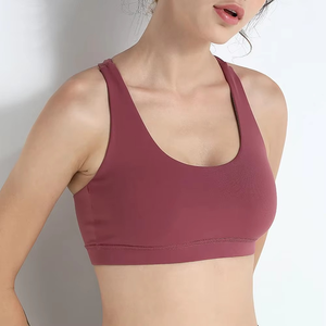 Sujetador deportivo para mujer, color borgoña, cuello redondo, espalda cruzada, sin costuras, soporte medio, transpirable, top de yoga, color liso, estilo sencillo - Product Image 1