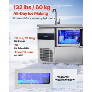 Fabbricazione in acciaio per cucine commerciali: Macchina per il ghiaccio da 132 libbre/24 ore con piano di lavoro in acciaio inossidabile, capacità di stoccaggio di 30 libbre, 70 cubetti/ciclo - Product Image 4