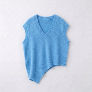 Light Blue customize V Neck Sleeveless Knit <b>Vest</b> Women Asymmetric Hem Solid Casual Tank <b>Top</b> - Product Image 1