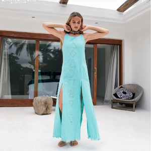 Robe longue sans manches pour femme, style débardeur à franges, en coton, fendue, sexy, style festival, imprimé tribal, pour le yoga et les tenues festives - Product Image 1