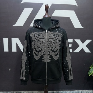 Unisex <b>Black</b> Rhinestone Skeleton Print <b>Hoodie</b> <b>Zip</b>-<b>Up</b> Regular Fit Hip Hop Style Sweatshirt - Product Image 1