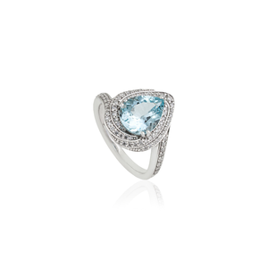 Anillo de Cóctel de Alta Calidad con Diseño Moderno, Corte Pera, Aguamarina y Doble Halo de Diamantes, Piedra de Nacimiento de Marzo, Joyería de Oro Blanco de 18K - Product Image 3