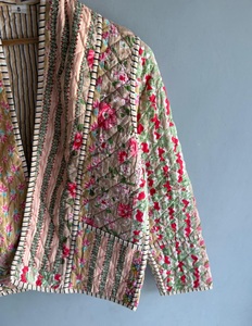 Vintage Woven Quilted Jacket <b>Women</b> Floral Printed Cotton <b>Coat</b> Mandarin Collar Full Sleeve Winter Autumn Wear Gift Her - Product Image 5