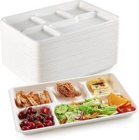 Assiette repas 5 compartiments en bagasse anti-fuite, vaisselle jetable écologique pour aliments saucieux, snacks et plats à emporter