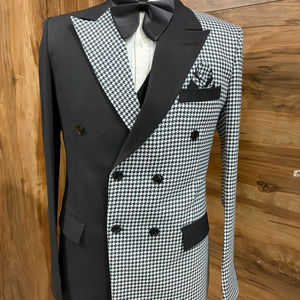 Costume de smoking croisé noir et blanc à motif pied-de-poule pour homme – Blazer de créateur pour mariage, marié ou bal de promo avec nœud papillon - Product Image 1