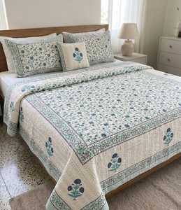 <b>Indian</b> Handmade Kantha Stitch Cotton Bedcover Vintage Floral Printed Reversible <b>Quilt</b> for King Queen Size Beds and Guest Rooms - Product Image 1